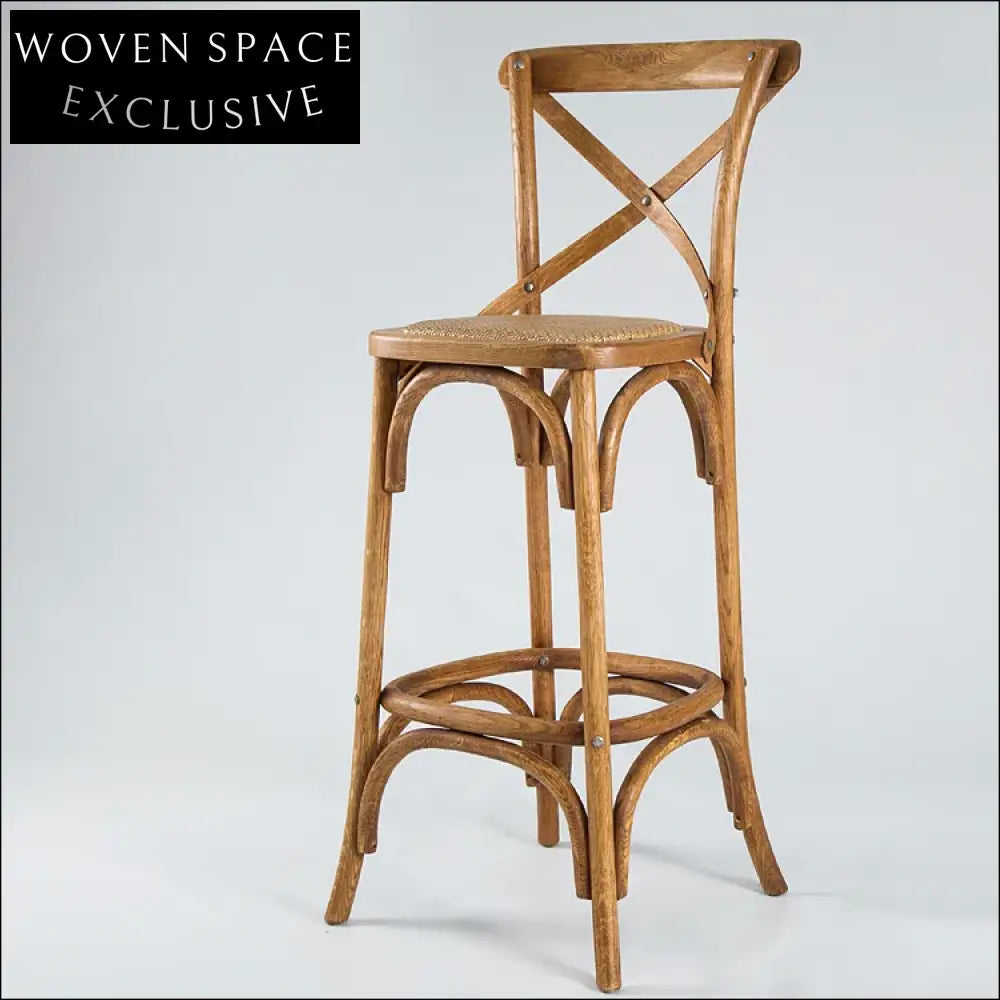 Elegant Cross Back Oak Wood Bar Stool with Woven Rattan Seat