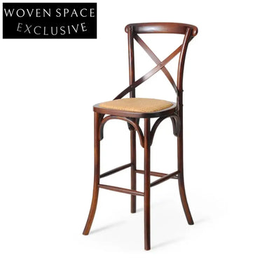 Elegant Cross Back Oak Wood Bar Stool with Woven Rattan Seat