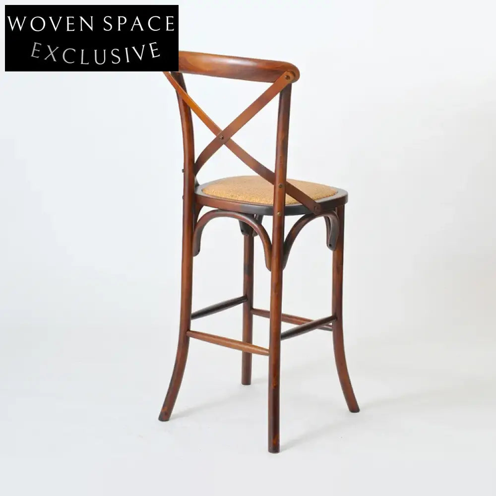 Elegant Cross Back Oak Wood Bar Stool with Woven Rattan Seat