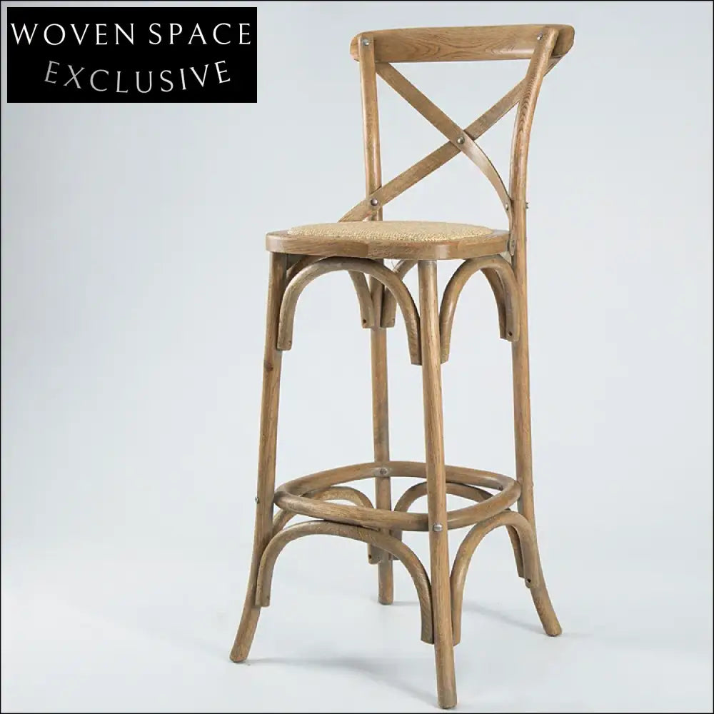 Elegant Cross Back Oak Wood Bar Stool with Woven Rattan Seat