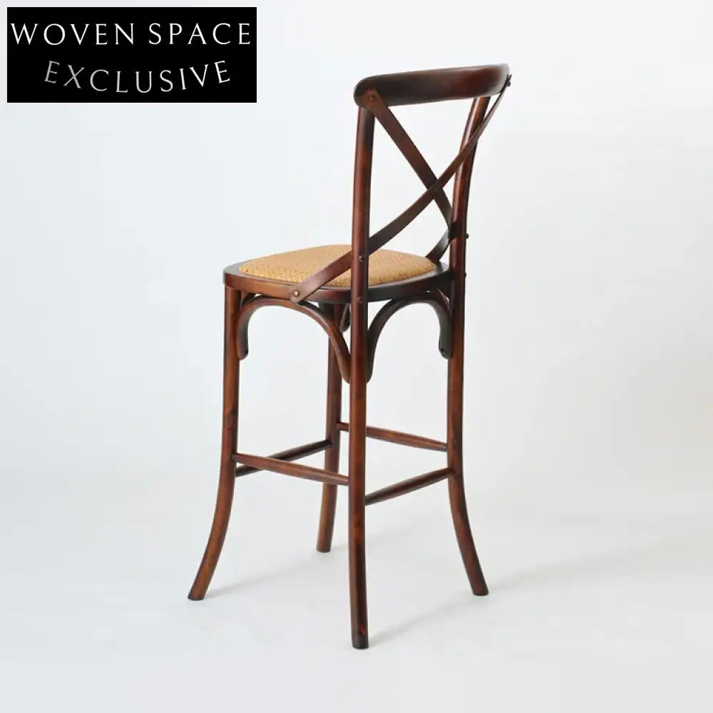 Elegant Cross Back Oak Wood Bar Stool with Woven Rattan Seat