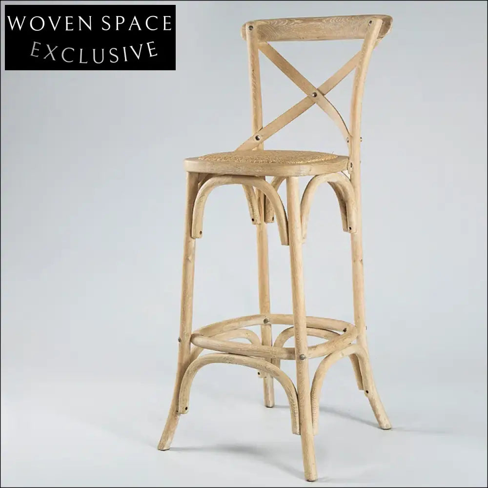 Elegant Cross Back Oak Wood Bar Stool with Woven Rattan Seat