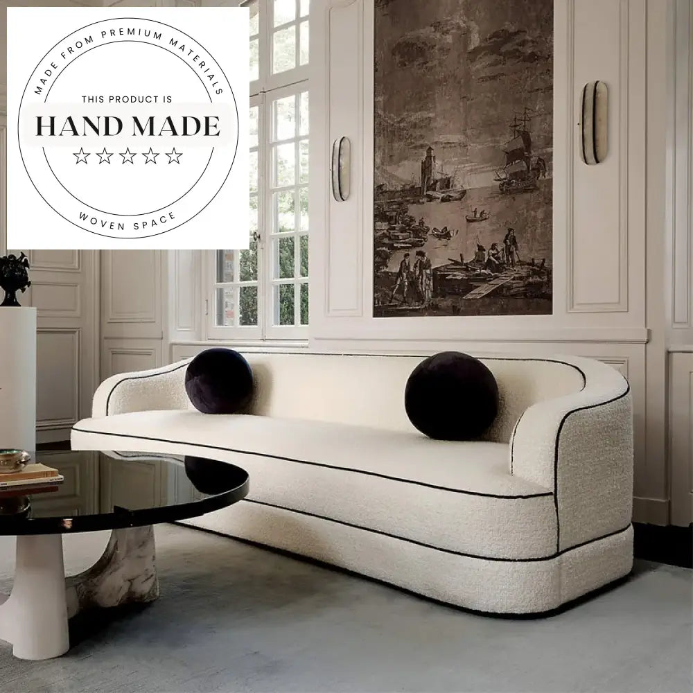 Elegant Curved Black and White Boucle Fabric Four Seater Sofa
