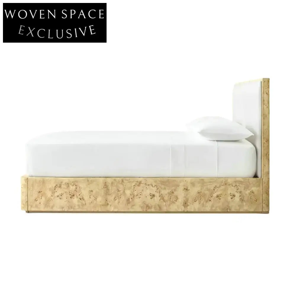 Elegant Curved Burl Wood Fabric Upholstered King Queen Full Twin Bed Frame