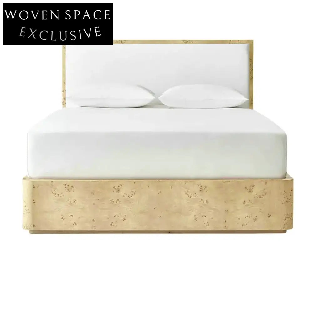 Elegant Curved Burl Wood Fabric Upholstered King Queen Full Twin Bed Frame