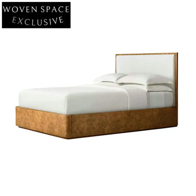 Elegant Curved Burl Wood Fabric Upholstered King Queen Full Twin Bed Frame