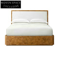 Elegant Curved Burl Wood Fabric Upholstered King Queen Full Twin Bed Frame
