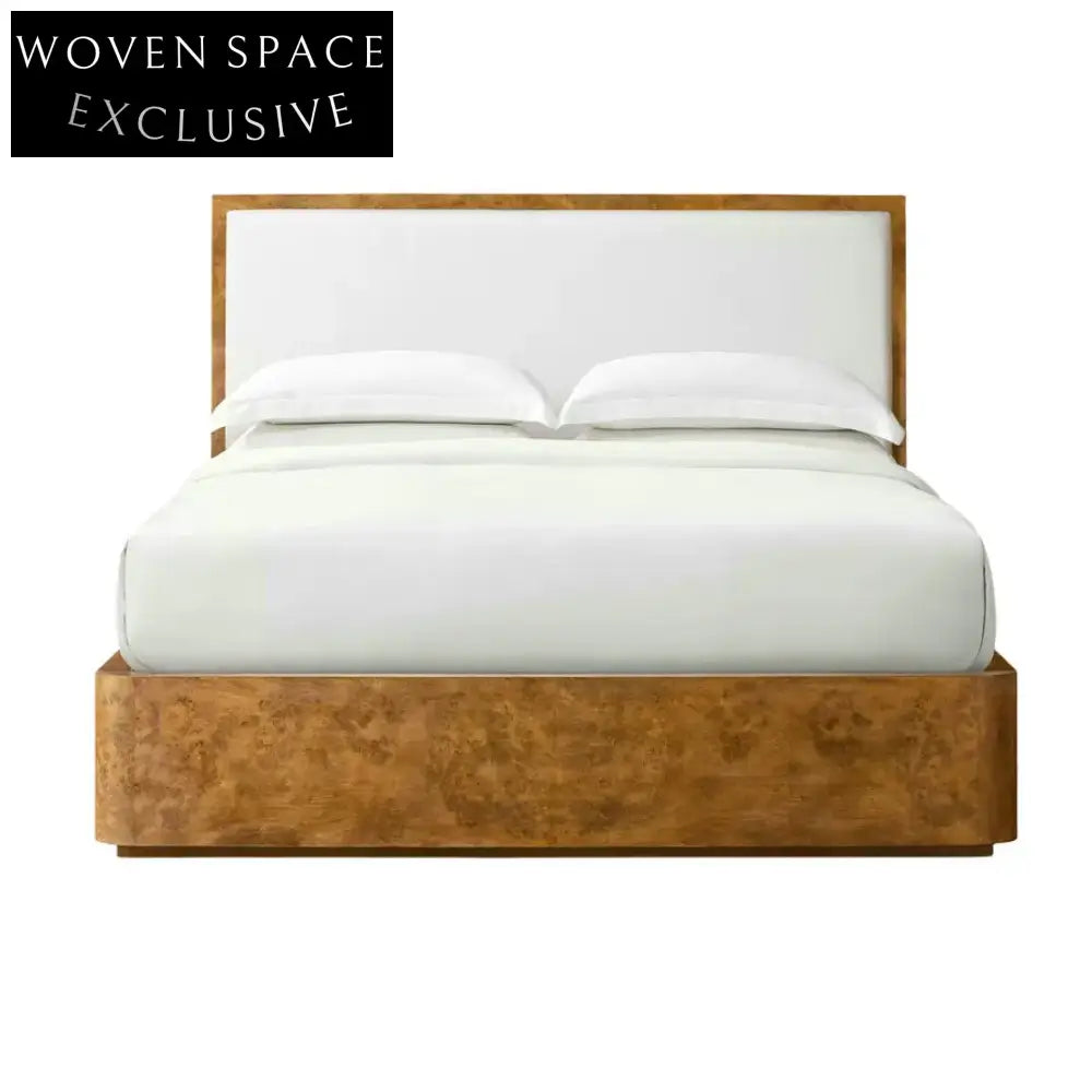 Elegant Curved Burl Wood Fabric Upholstered King Queen Full Twin Bed Frame