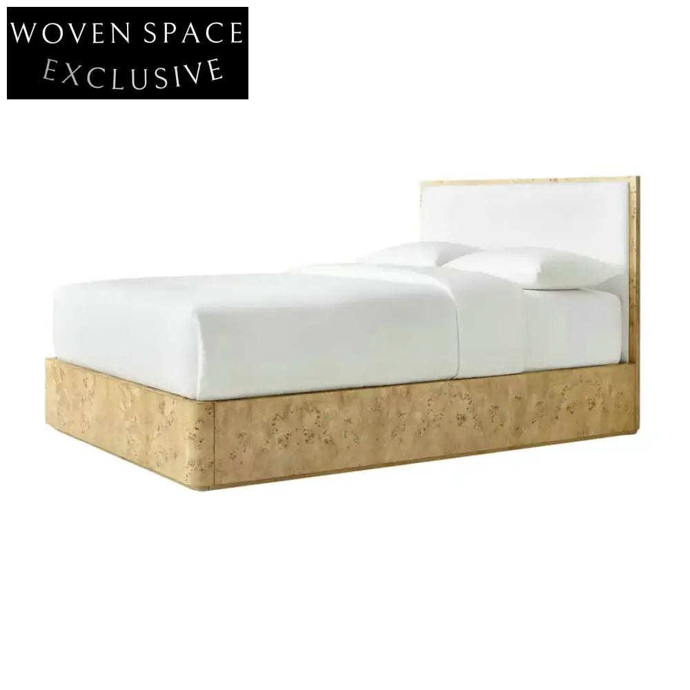 Elegant Curved Burl Wood Fabric Upholstered King Queen Full Twin Bed Frame