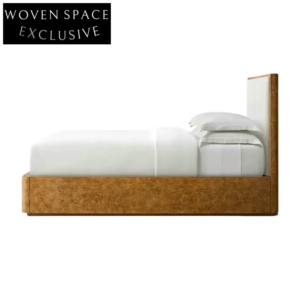 Elegant Curved Burl Wood Fabric Upholstered King Queen Full Twin Bed Frame