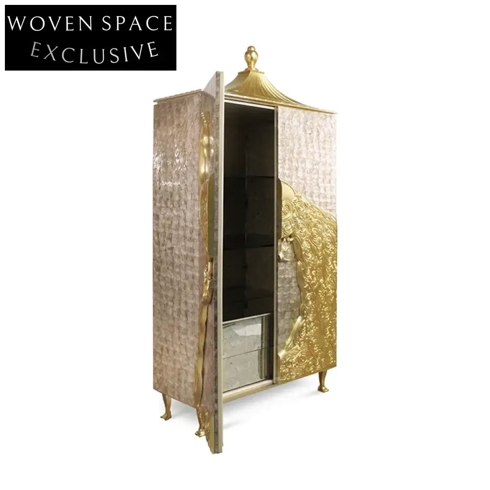 Elegant European Carved Solid Wood Wardrobe with Gold Peacock Display Cabinet
