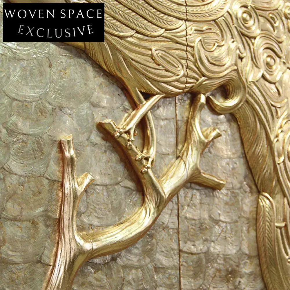 Elegant European Carved Solid Wood Wardrobe with Gold Peacock Display Cabinet