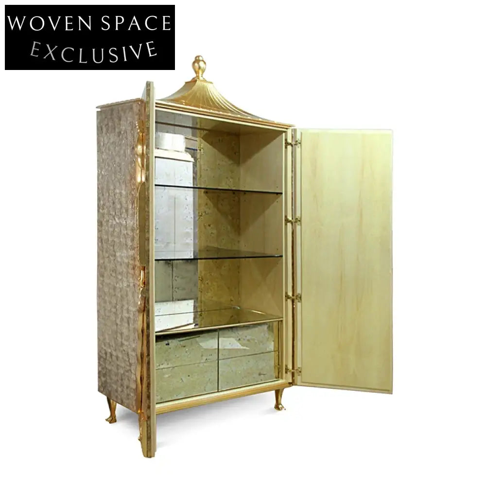 Elegant European Carved Solid Wood Wardrobe with Gold Peacock Display Cabinet
