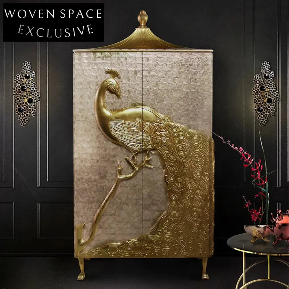 Elegant European Carved Solid Wood Wardrobe with Gold Peacock Display Cabinet