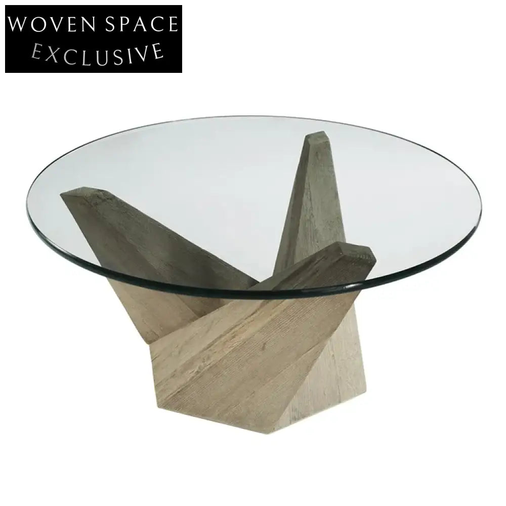 Luxury Contemporary European Round Glass Top Coffee Table with Durable Wood Base