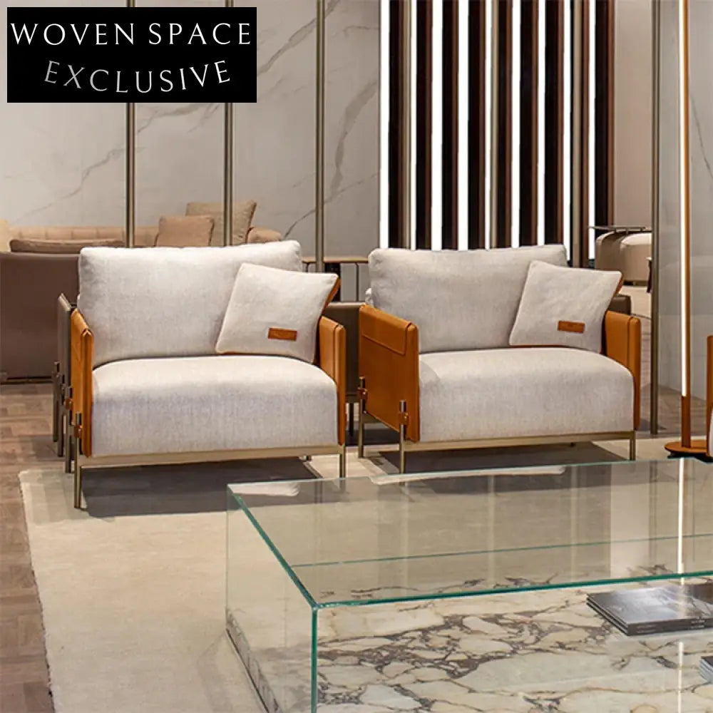 Elegant Fabric Sofa Chair with Saddle Leather Armrests and Metal Legs Chair