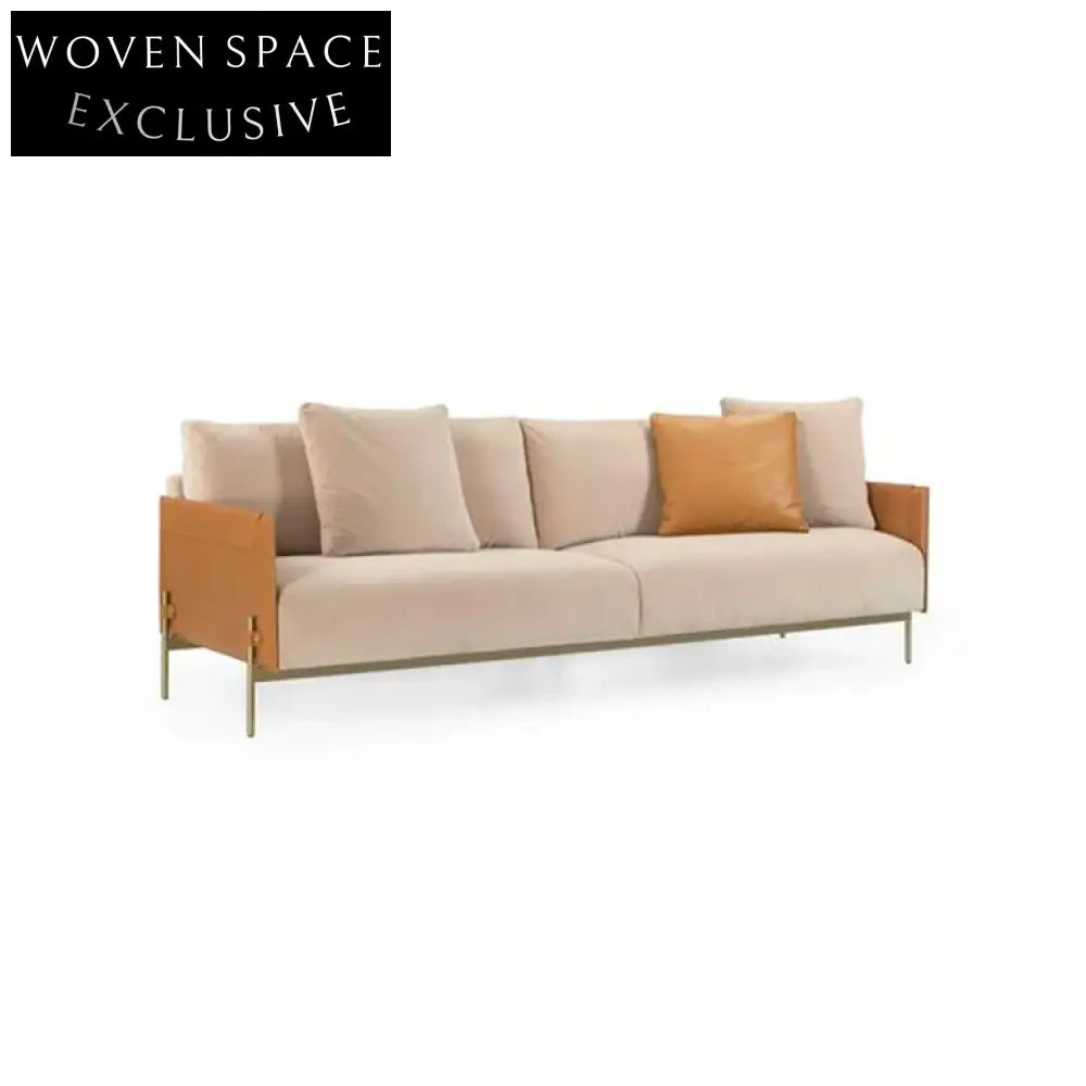 Elegant Fabric Sofa Chair with Saddle Leather Armrests and Metal Legs Chair