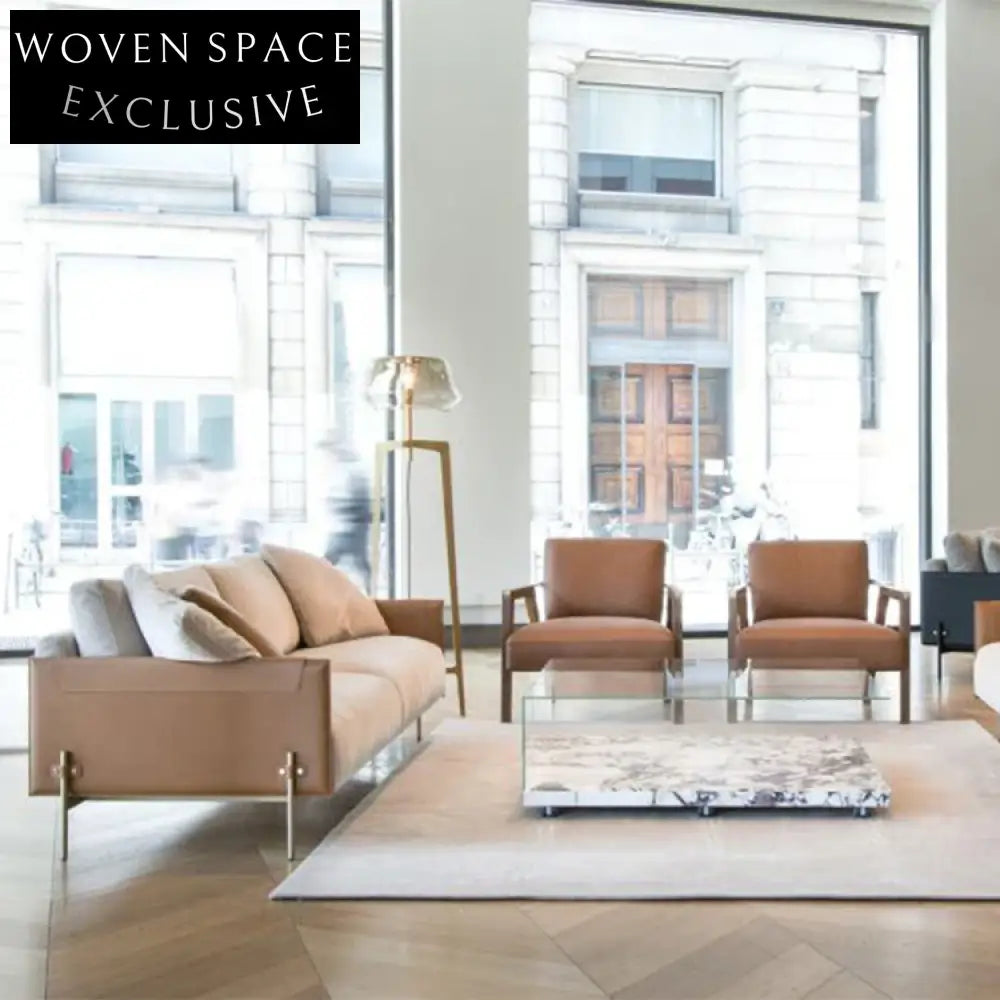 Elegant Fabric Sofa Chair with Saddle Leather Armrests and Metal Legs Chair