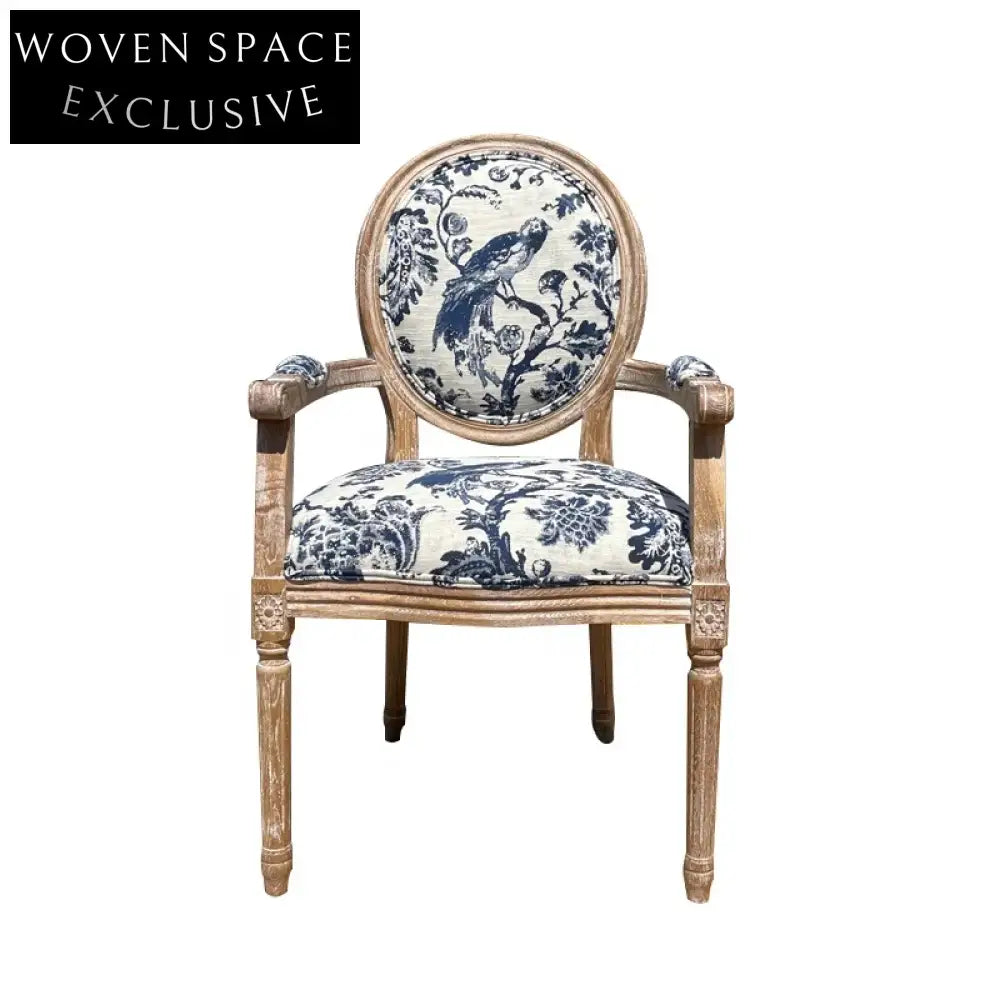 Elegant French Louis Arm Chair: Linen Upholstered, Solid Oak Wood, Antique Style