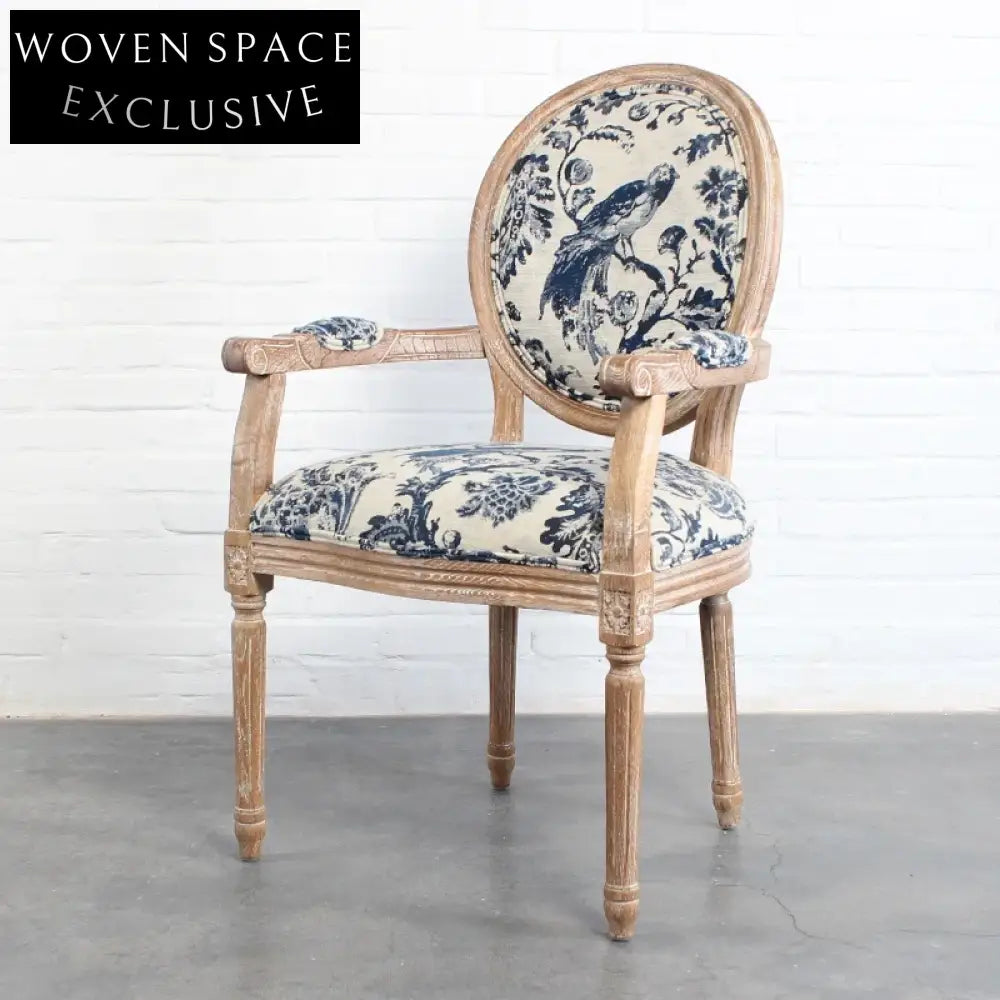 Elegant French Louis Arm Chair: Linen Upholstered, Solid Oak Wood, Antique Style