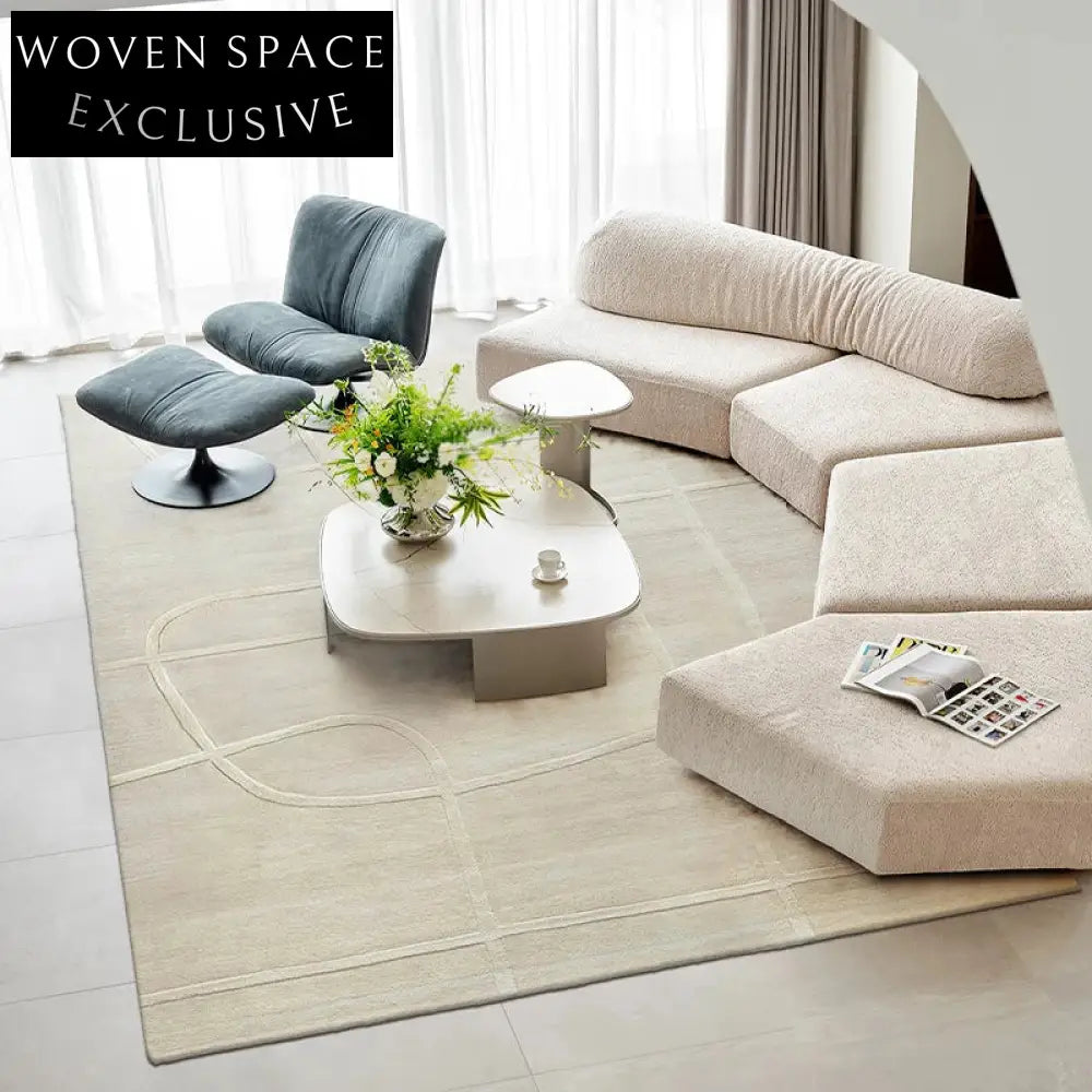 Elegant French Cream Handmade Wool Log Pattern Area Rug for Modern Homes