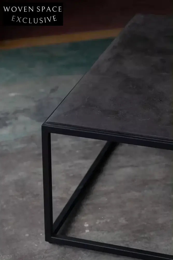 Elegant French Vintage Industrial Coffee Table, Steel Frame, Natural Blue Stone Top