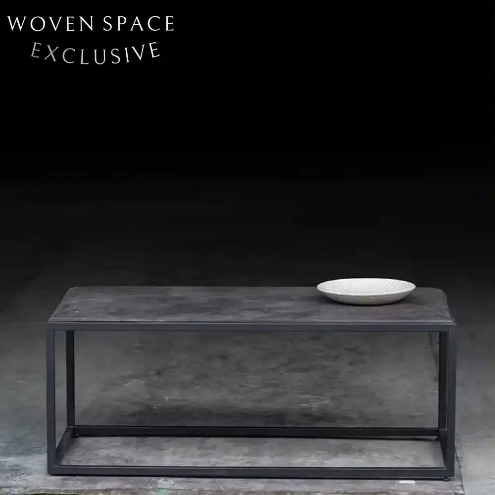 Elegant French Vintage Industrial Coffee Table, Steel Frame, Natural Blue Stone Top