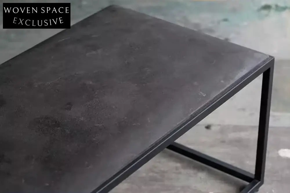 Elegant French Vintage Industrial Coffee Table, Steel Frame, Natural Blue Stone Top