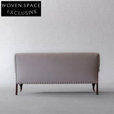 Elegant French Carved Oak Linen 2-Seater Sofa with Nailhead Trim