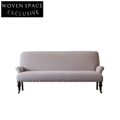 Elegant French Carved Oak Linen 2-Seater Sofa with Nailhead Trim