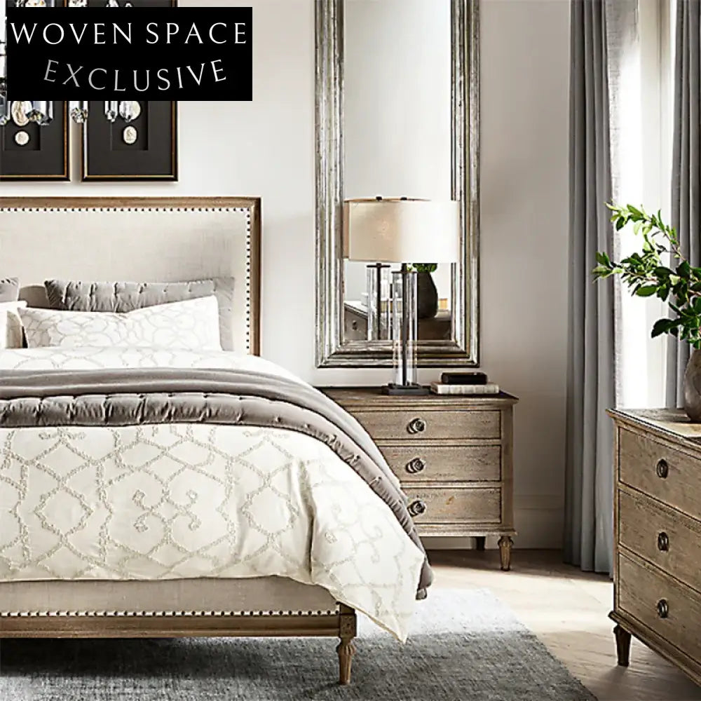 Elegant French Oak Wood King Bed Frame with Luxurious Linen Headboard