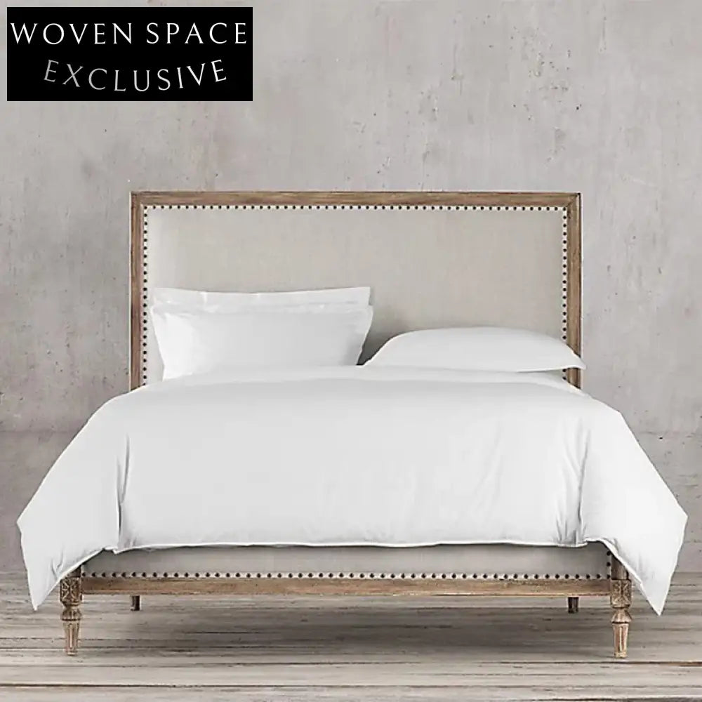 Elegant French Oak Wood King Bed Frame with Luxurious Linen Headboard