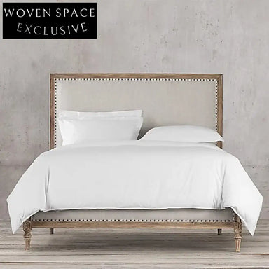 Elegant French Oak Wood King Bed Frame with Luxurious Linen Headboard