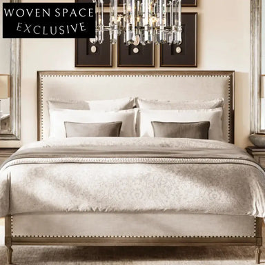 Elegant French Oak Wood King Bed Frame with Luxurious Linen Headboard