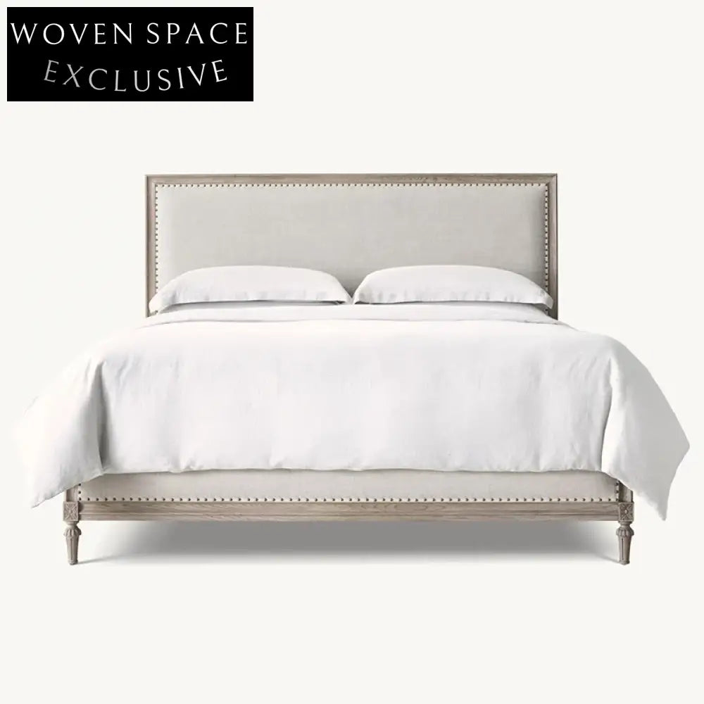 Elegant French Oak Wood King Bed Frame with Luxurious Linen Headboard