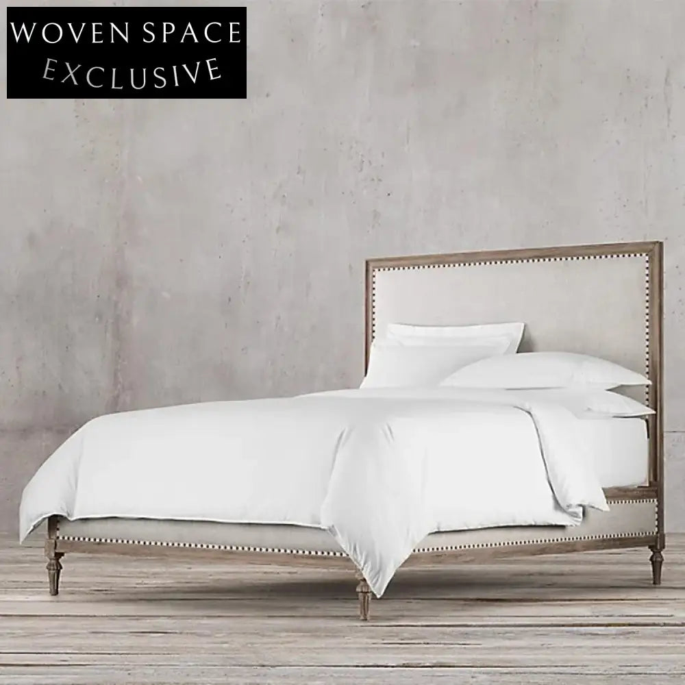 Elegant French Oak Wood King Bed Frame with Luxurious Linen Headboard