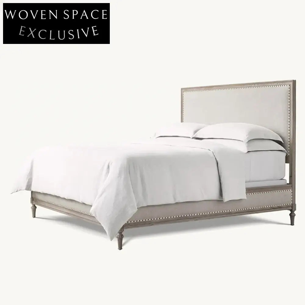 Elegant French Oak Wood King Bed Frame with Luxurious Linen Headboard