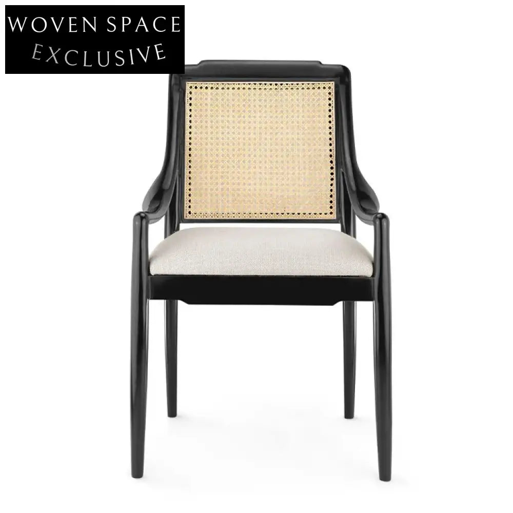Elegant French Retro Solid Wood Rattan High Back Arm Dining Chair