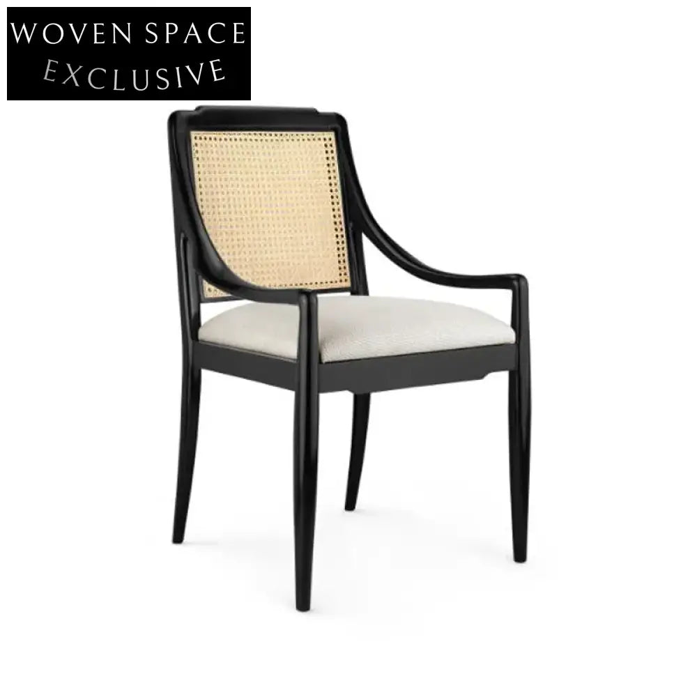 Elegant French Retro Solid Wood Rattan High Back Arm Dining Chair