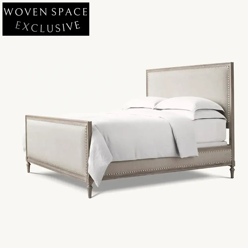 Elegant French Solid Oak Wood Fabric Upholstered High Headboard King Bed Frame
