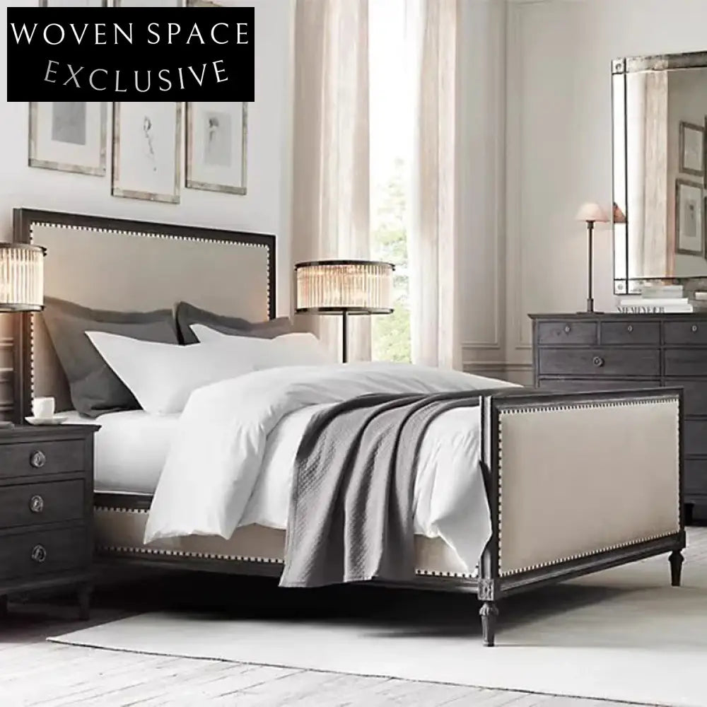 Elegant French Solid Oak Wood Fabric Upholstered High Headboard King Bed Frame