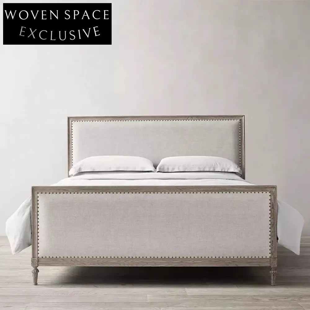 Elegant French Solid Oak Wood Fabric Upholstered High Headboard King Bed Frame