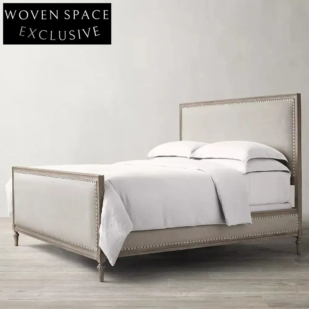 Elegant French Solid Oak Wood Fabric Upholstered High Headboard King Bed Frame