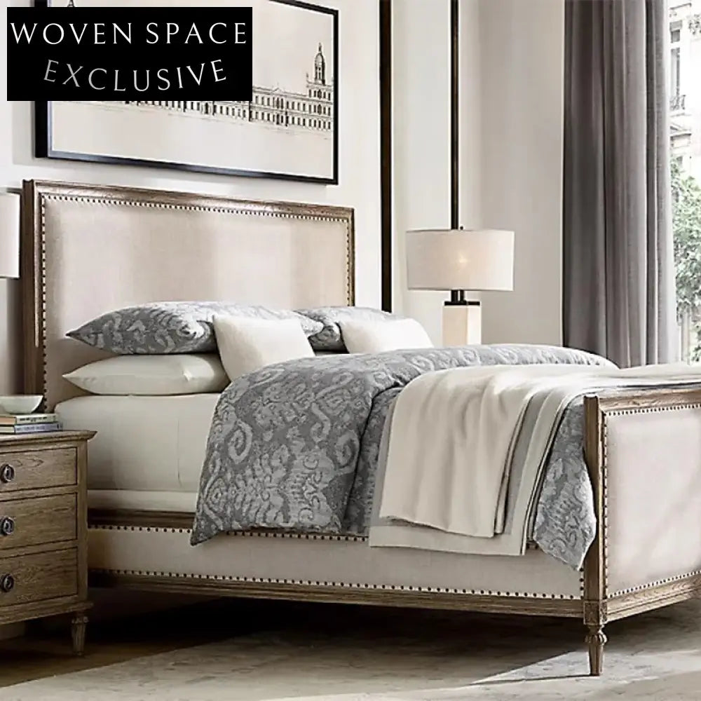 Elegant French Solid Oak Wood Fabric Upholstered High Headboard King Bed Frame