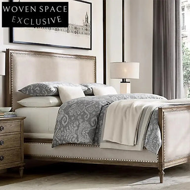 Elegant French Solid Oak Wood Fabric Upholstered High Headboard King Bed Frame