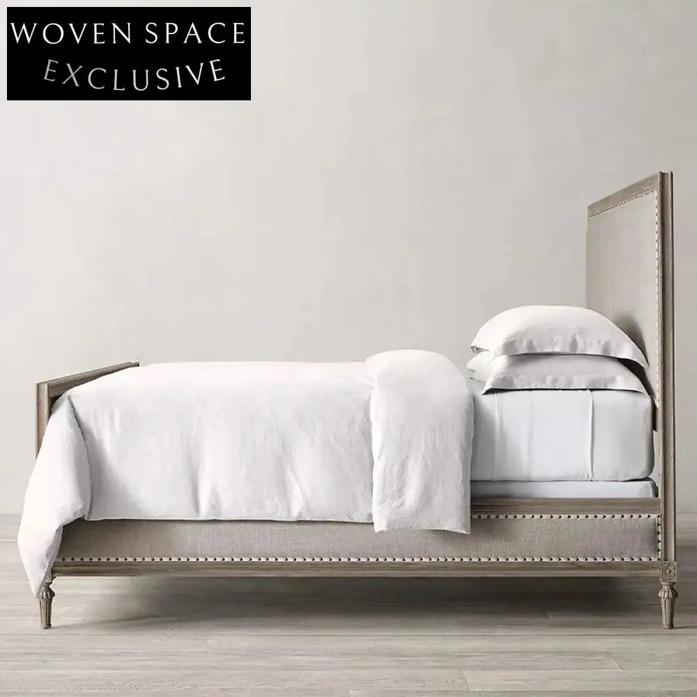 Elegant French Solid Oak Wood Fabric Upholstered High Headboard King Bed Frame