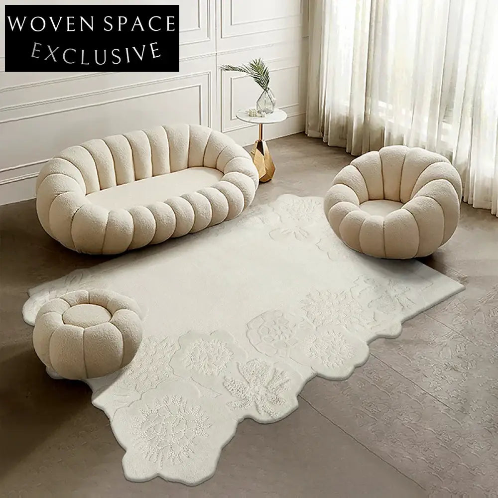 Elegant French Vintage Irregular Wool Area Rug - 3D Embossed Floral Carpet