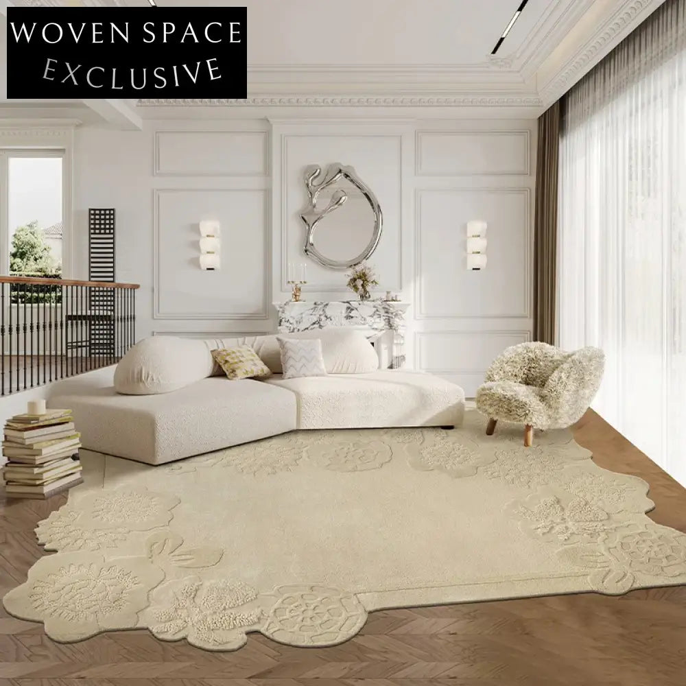 Elegant French Vintage Irregular Wool Area Rug - 3D Embossed Floral Carpet