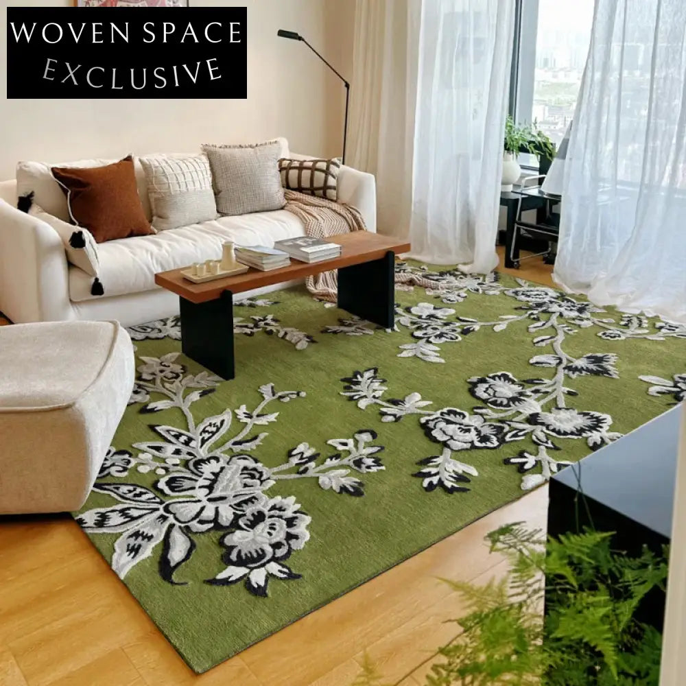Elegant French Vintage Light Green Floral Embroidery Area Rug for Living Room