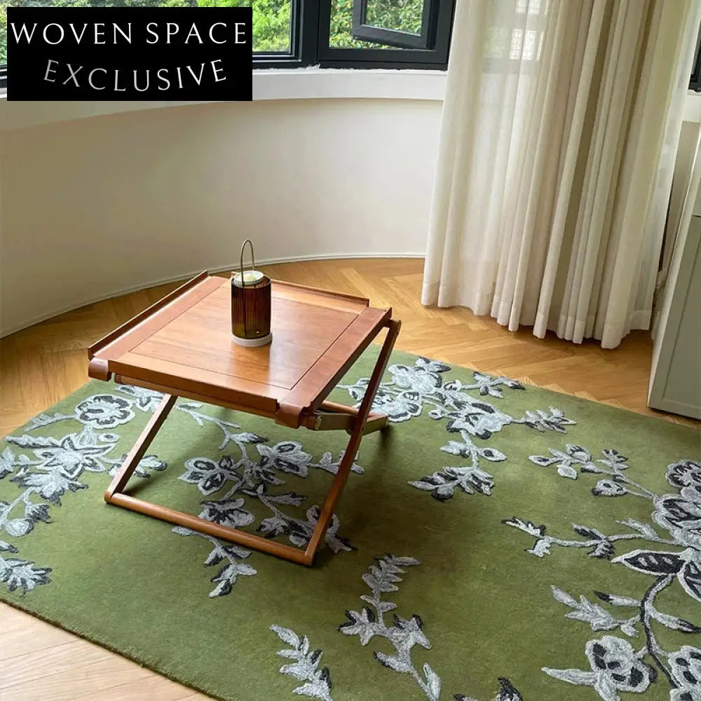 Elegant French Vintage Light Green Floral Embroidery Area Rug for Living Room